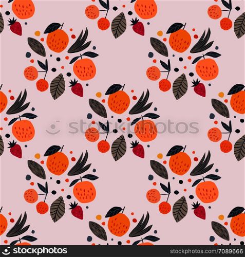 Fruits seamless pattern. Funny garden fruit background. Cherry berries, apples, strawberry and leaves hand drawn wallpaper. Vector illustration.. Fruits seamless pattern. Funny garden fruit background.