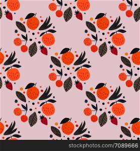 Fruits seamless pattern. Funny garden fruit background. Cherry berries, apples, strawberry and leaves hand drawn wallpaper. Vector illustration.. Fruits seamless pattern. Funny garden fruit background.