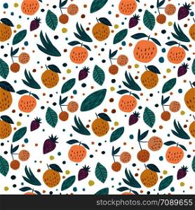 Fruits seamless pattern. Funny sweet garden fruits on white background. Cherry berries, apples, strawberry and leaves hand drawn wallpaper. Vector illustration.. Fruits seamless pattern. Cherry berries, apples, strawberries