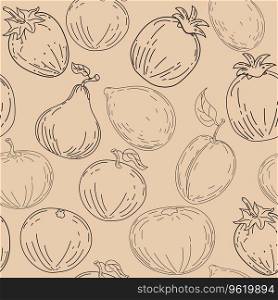 Fruits seamless pattern. Hand drawing sketch fruits lemon, apple, plum,orange, tangerine. Vector illustration vintage print fabric, wallpaper, decoration, textile. Feamless pattern. Hand drawing sketch fruits