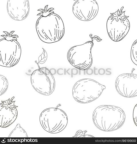 Fruits seamless pattern. Hand drawing sketch fruits lemon, apple, plum,orange, tangerine. Vector illustration vintage print fabric, wallpaper, decoration, textile. Feamless pattern. Hand drawing sketch fruits