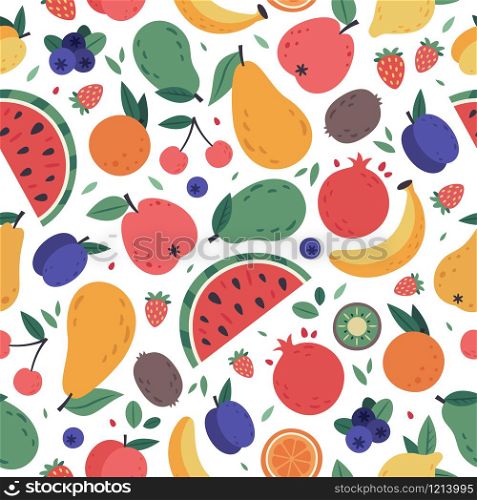 Fruits seamless pattern. Hand drawn doodle fruits, berries wrapping paper, vegan fabric or vegetarian meal menu, watermelon, mango, banana and strawberry vector background. tropical juice products. Fruits seamless pattern. Hand drawn doodle fruits, wrapping paper, vegan fabric or vegetarian meal menu, watermelon, mango, banana and strawberry vector colourful background
