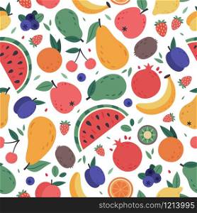 Fruits seamless pattern. Hand drawn doodle fruits, berries wrapping paper, vegan fabric or vegetarian meal menu, watermelon, mango, banana and strawberry vector background. tropical juice products. Fruits seamless pattern. Hand drawn doodle fruits, wrapping paper, vegan fabric or vegetarian meal menu, watermelon, mango, banana and strawberry vector colourful background