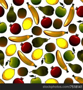 Fruits seamless pattern isolated on white with mature banana and nice looking pear, juicy apple and ripe lemon, raw garnet or pomegranate. Ingredients for vegetarian salad or meal. Fruits seamless pattern isolated on white