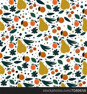 Fruits seamless pattern on white background. Cherry berries, apples, pears and leaves hand drawn wallpaper. Funny sweet garden fruits. Vector illustration.. Fruits seamless pattern on white background illustration