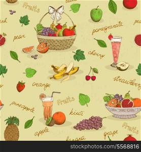 Fruits seamless pattern with names background vector illustration