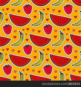 Fruits seamless pattern with watermelon, banana and strawberry. Summer wrapping paper. Textile fruit print. Baby wallpaper pattern design. Fruits seamless pattern with watermelon, banana and strawberry. Summer wrapping paper. Textile fruit print. Baby wallpaper pattern design.
