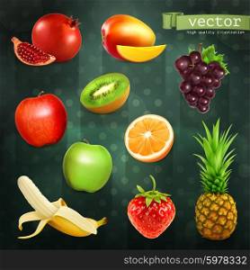 Fruits, set of vector illustrations on dark background