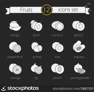 Fruits silhouette icons set. Blackboard chalk drawing sliced fruits realistic illustrations with signs. Vegetarian restaurant tropical food menu symbols. Grocery store diet nutrition vector clip art. Fruits silhouette icons set. Chalk