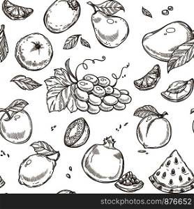 Fruits sketch pattern background. Vector seamless design of apple, tropical mango and exotic papaya or grape and kiwi with lemon or garnet and orange. Fruits sketch vector seamless pattern background