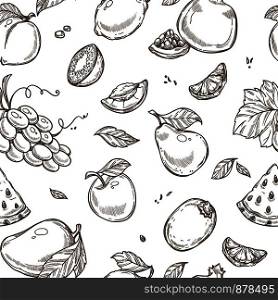 Fruits sketch pattern background. Vector seamless design of apple, tropical mango and exotic papaya or grape and kiwi with lemon or garnet and orange. Fruits sketch pattern background. Vector seamless design