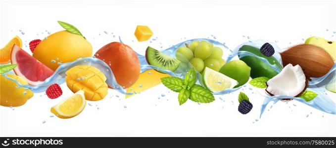 Fruits splashes realistic composition with ripe fruits and slices in motion with mint leaves and water vector illustration
