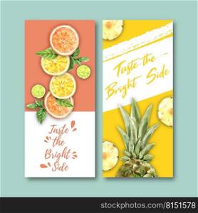 Fruits-themed design flyer. Orange, lime and pineapple for decoration vector design.