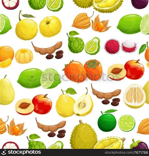 Fruits tropical pattern background, seamless fruit harvest, vector. Exotic fruits background of tropic durian, tamarind and peach, physalis, lime and bergamot, lychee and tangerine seamless pattern. Fruits tropical pattern background, seamless fruit