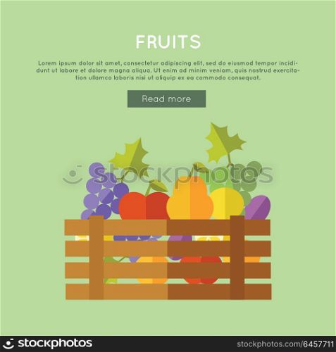 Fruits vector web banner. Flat design. Illustration of wooden box full of fresh farm plants on color background for web pages design. Farming concept with pear, apple, grapes, plum, lemon. . Fruits Vector Web Banner in Flat Design.