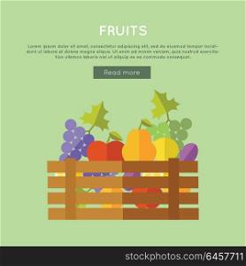 Fruits vector web banner. Flat design. Illustration of wooden box full of fresh farm plants on color background for web pages design. Farming concept with pear, apple, grapes, plum, lemon. . Fruits Vector Web Banner in Flat Design.