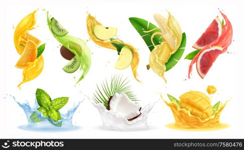 Fruits vegetables juice splashes set with isolated slices of fruits leaves and colourful drops of liquid vector illustration