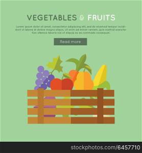 Fruits vegetables vector banner. Flat design. Illustration of wooden box full of fresh farm plants on color background for web design. Farming concept with apple, corn, pear, beets, grapes. . Fruits Vegetables Vector Banner in Flat Design.