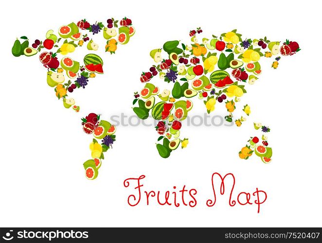 Fruits world map design elements. Vector map with continents of exotic and tropical fruits pattern. Template for healthy diet decoration or infographics symbols. Fruits world map design element