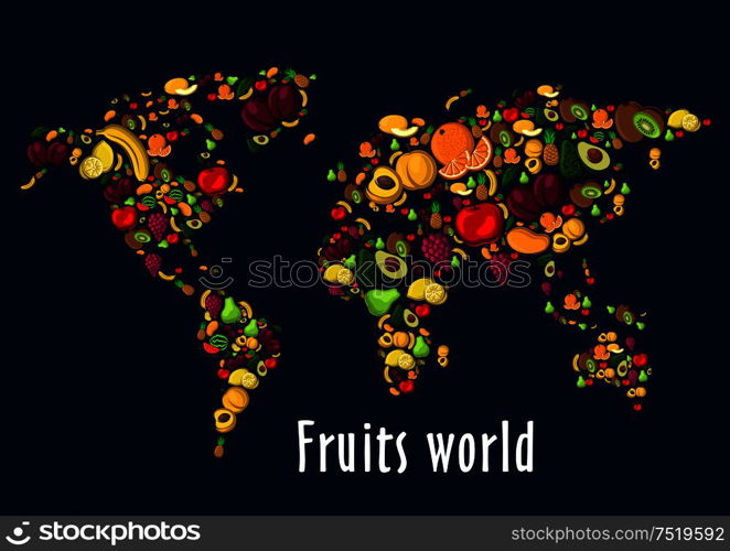Fruits world map placard background. Vector wallpaper of globe continents of fruit icons watermelon, grape, strawberry, cherry, raspberry, blackcurrant, pineapple, kiwi, apricot, mango avocado banana. Fruits world map placard background