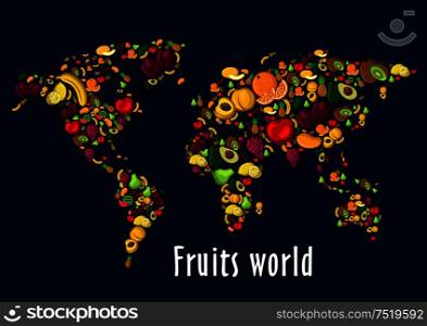 Fruits world map placard background. Vector wallpaper of globe continents of fruit icons watermelon, grape, strawberry, cherry, raspberry, blackcurrant, pineapple, kiwi, apricot, mango avocado banana. Fruits world map placard background