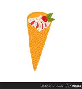 Fruity ice cream in waffle cone, sundae in wafer with raspberry on top. Vector cream dessert italian sundae, gelato ice-cream snack. Fastfood ice-cream cone. Icecream in waffle cone isolated cream dessert