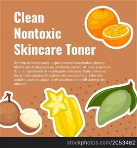 Fruity ingredients for clean nontoxic skincare toner for beauty and healthy look. Cosmetics and cosmetology. Promo banner, advertisement or food presentation carambola and orange. Vector in flat style. Clean nontoxic skincare toner, fruity ingredient