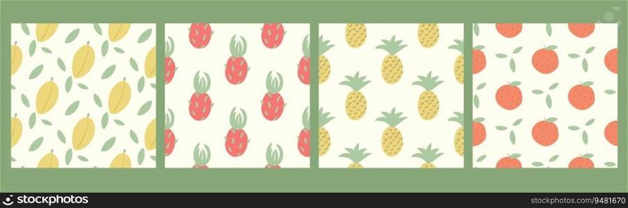 Fruity seamless pattern set. Exotic tropical fruit backgrounds. Mango, pineapple, tangerine and pitahaya. Summer print for textiles, wallpaper, design, vector illustration. Fruity seamless pattern set vector illustration