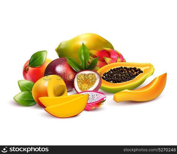 Fruity Tropical Bunch Composition. Tropical fruits composition with pitaya mango dragon fruit cut up and ripe with leaves in a bunch vector illustration