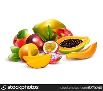 Fruity Tropical Bunch Composition. Tropical fruits composition with pitaya mango dragon fruit cut up and ripe with leaves in a bunch vector illustration