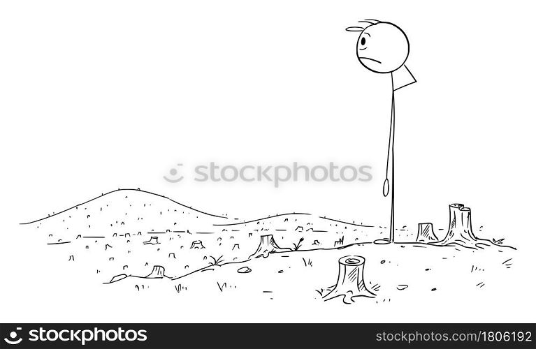 Frustrated and sad man looking at tree stumps after cut down forest, vector cartoon stick figure or character illustration.. Sad and Frustrated Man Looking at Tree Stumps after Cut Down Forest, Vector Cartoon Stick Figure Illustration