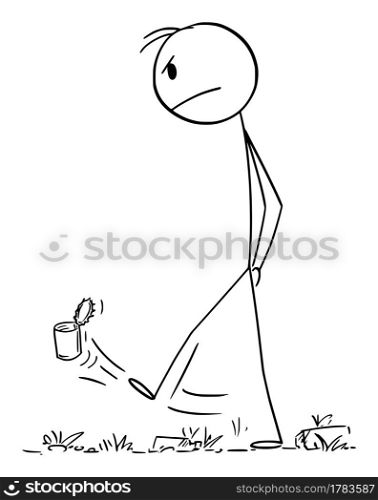 Frustrated angry man walking, thinking and kicking piece of garbage, vector cartoon stick figure or character illustration.. Angry Frustrated Man Walking and Kicking the Garbage, Vector Cartoon Stick Figure Illustration