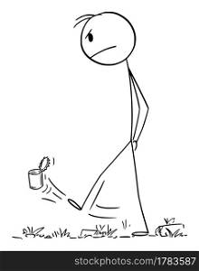 Frustrated angry man walking, thinking and kicking piece of garbage, vector cartoon stick figure or character illustration.. Angry Frustrated Man Walking and Kicking the Garbage, Vector Cartoon Stick Figure Illustration