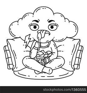 Frustrated, bad mood person eat ice cream. Illustration for coloring pages. Outline illustration. Black and white illustration.