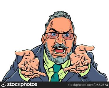 Frustrated boss or employee. Customer dissatisfaction with service. An adult man in glasses and a suit screams with his hands. Pop Art Retro Vector Illustration Kitsch Vintage 50s 60s Style. On a white background. Frustrated boss or employee. Customer dissatisfaction with service. An adult man in glasses and a suit screams with his hands. Pop Art Retro