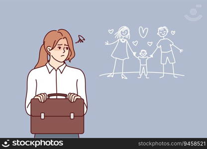 Frustrated business woman suffers dreaming of family life with husband and child. Frustrated businesswoman with briefcase is stressed due to lack harmony and balance between career and personal life. Frustrated business woman suffers dreaming of family life with husband and child.