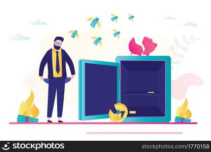 Frustrated businessman,bankrupt with empty pockets. Strongbox without money. Male character losing all money. Financial troubles. Savings burn out, inflation. Global business crisis. Vector illustration. Frustrated businessman,bankrupt with empty pockets. Strongbox without money. Male character losing all money.