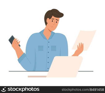 Frustrated businessman holding documents and smartphone in hands. Man working at the computer. Flat vector illustration.