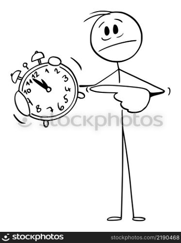 Frustrated businessman or person holding and pointing at alarm clock, vector cartoon stick figure or character illustration.. Frustrated Person Holding and Pointing at Alarm Clock, Vector Cartoon Stick Figure Illustration