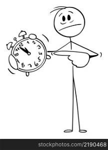 Frustrated businessman or person holding and pointing at alarm clock, vector cartoon stick figure or character illustration.. Frustrated Person Holding and Pointing at Alarm Clock, Vector Cartoon Stick Figure Illustration