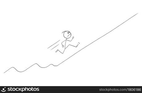 Frustrated businessman or person running uphill on rising financial graph , vector cartoon stick figure or character illustration.. Frustrated Man or Businessman Running Uphill Rising Financial Graph, Vector Cartoon Stick Figure Illustration