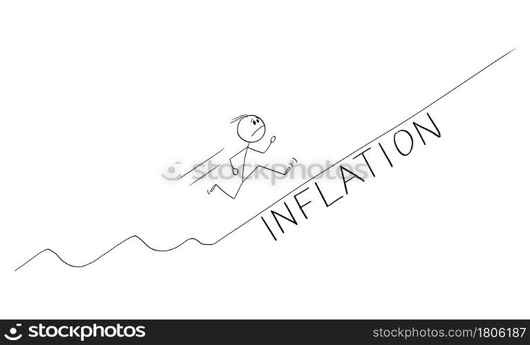 Frustrated businessman or person running uphill on rising inflation graph, vector cartoon stick figure or character illustration.. Frustrated Man or Businessman Running Uphill Rising Inflation Graph, Vector Cartoon Stick Figure Illustration