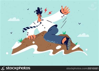 Frustrated businessman sitting on island in open water ask for help. Stressed male employee lost in ocean beg for rescue or save. Vector illustration. . Stressed businessman on island in open sea 