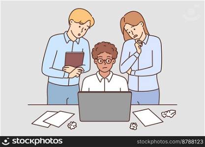 Frustrated businesspeople work on laptop have problems. Confused unhappy employees or colleagues look at computer screen have troubles on gadget. Vector illustration. . Frustrated employee work on laptop have problems 