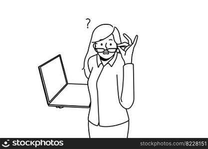 Frustrated businesswoman with laptop feel confused with problem on gadget. Stunned woman with computer shocked with news on device. Vector illustration. . Frustrated businesswoman confused with news on laptop 