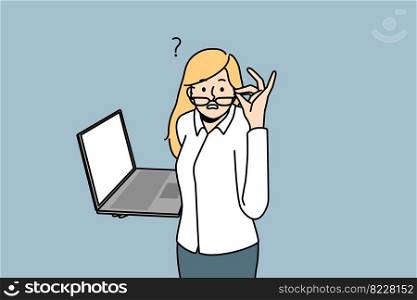 Frustrated businesswoman with laptop feel confused with problem on gadget. Stunned woman with computer shocked with news on device. Vector illustration. . Frustrated businesswoman confused with news on laptop 