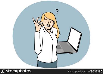 Frustrated businesswoman with laptop feel confused with problem on gadget. Stunned woman with computer shocked with news on device. Vector illustration.. Frustrated businesswoman confused with news on laptop