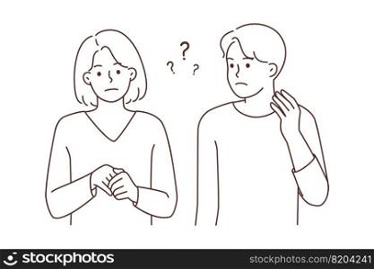 Frustrated couple having misunderstanding. Confused man and woman feeling frustration after fight or argument. Relationship problems. Vector illustration. . Frustrated couple have misunderstanding 