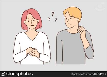 Frustrated couple having misunderstanding. Confused man and woman feeling frustration after fight or argument. Relationship problems. Vector illustration.. Frustrated couple have misunderstanding