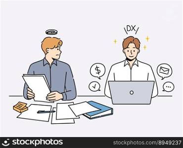 Frustrated male employee look at colleague efficient working on computer with DX conversion. Confused worker with paperwork and efficient one comparison. Vector illustration. . Frustrated employee look at efficient colleague 